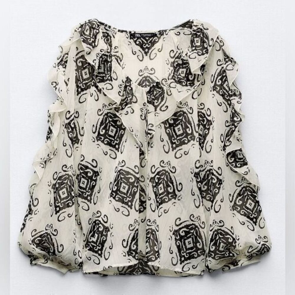 Zara Long Puffy Sleeve Sheer Bohemian Top N109